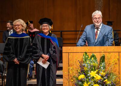 Department Chair David Milnes recognizes professors Jocelyne Guilbault and Cindy Cox on their retirement